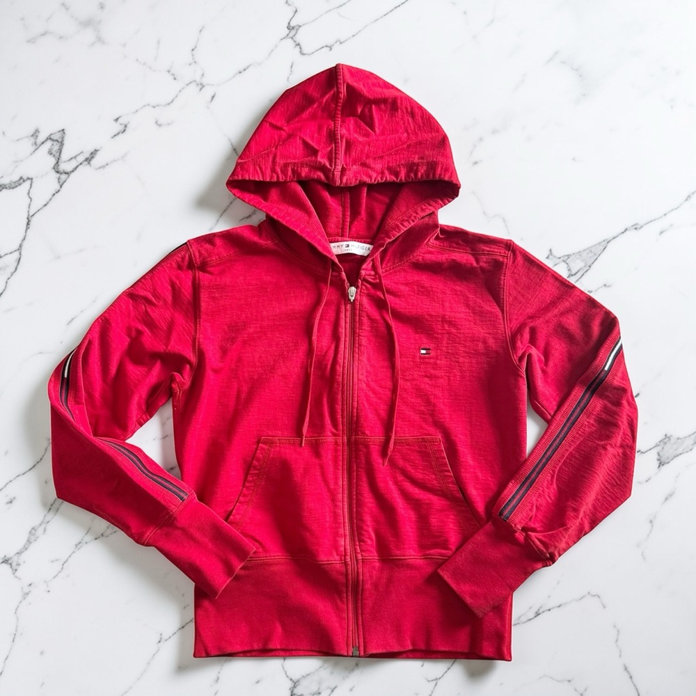 Tommy Hilfiger Embroidered Cropped Zip Hoodie Logo Red Preppy Cotton Womens Med